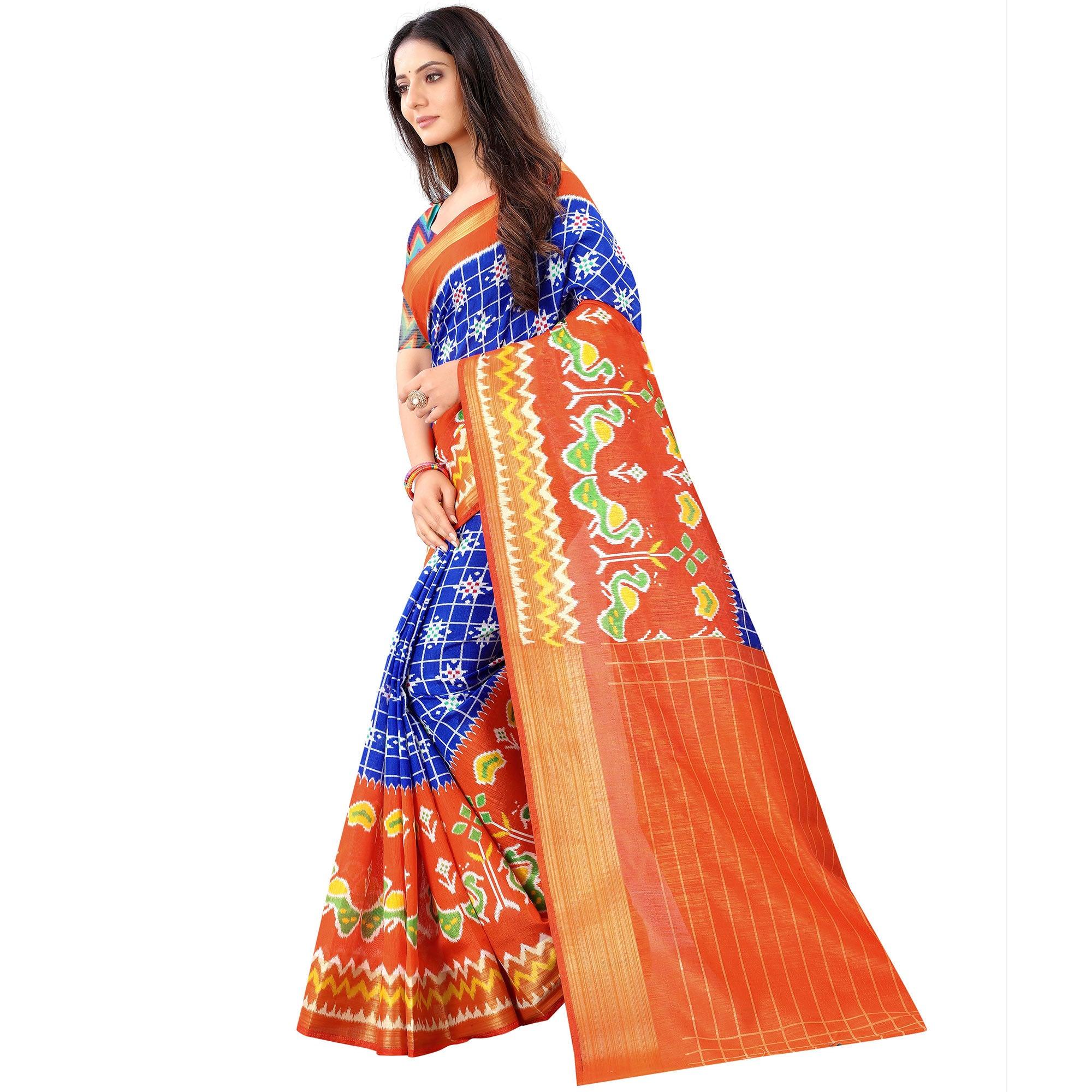 Blue Casual Wear Designer Hand Block Printed Cotton Linen Saree - Peachmode