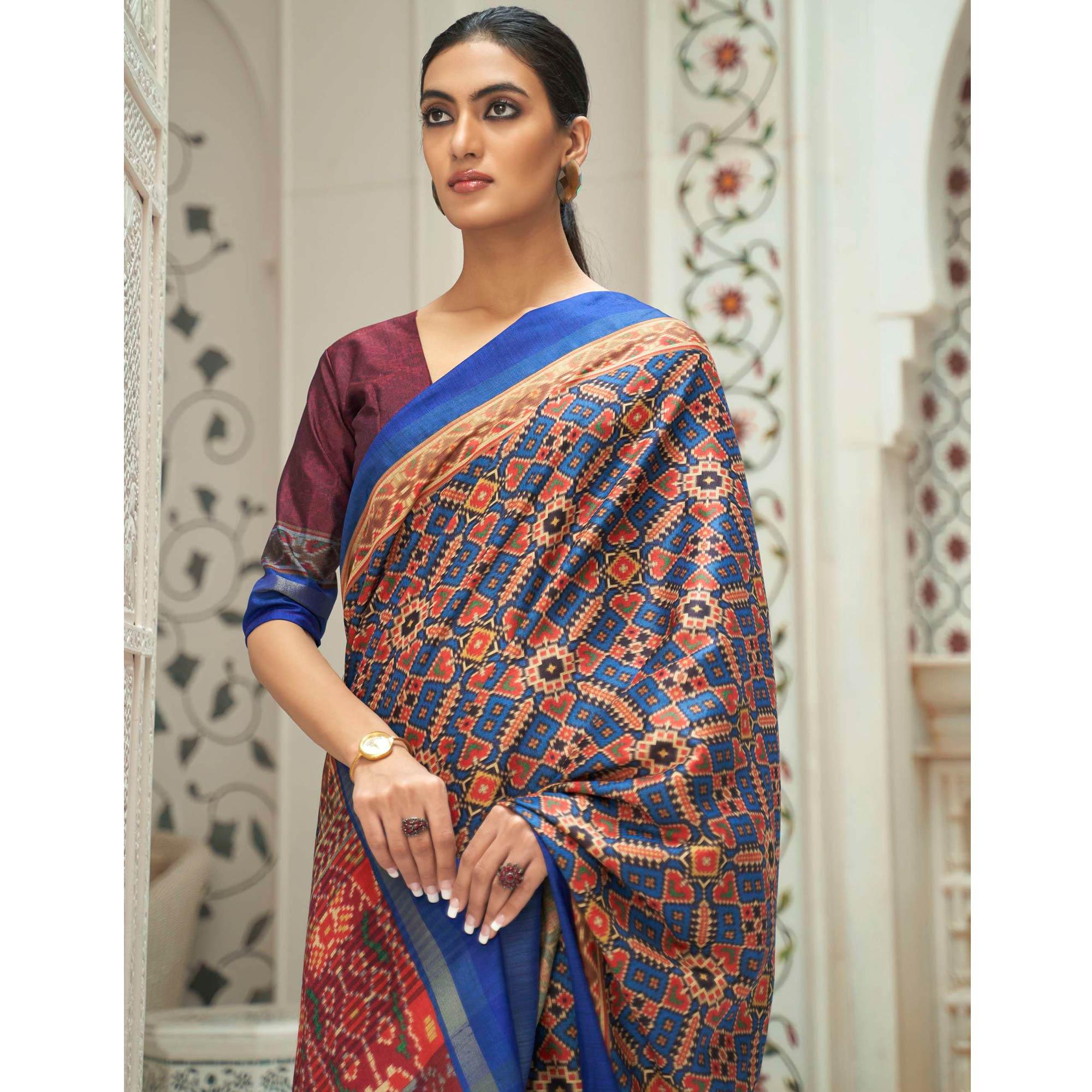 Blue Casual Wear Digital Printed Assam Silk Saree - Peachmode