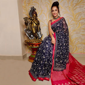 Blue Casual Wear Digital Printed Chanderi Silk Saree - Peachmode