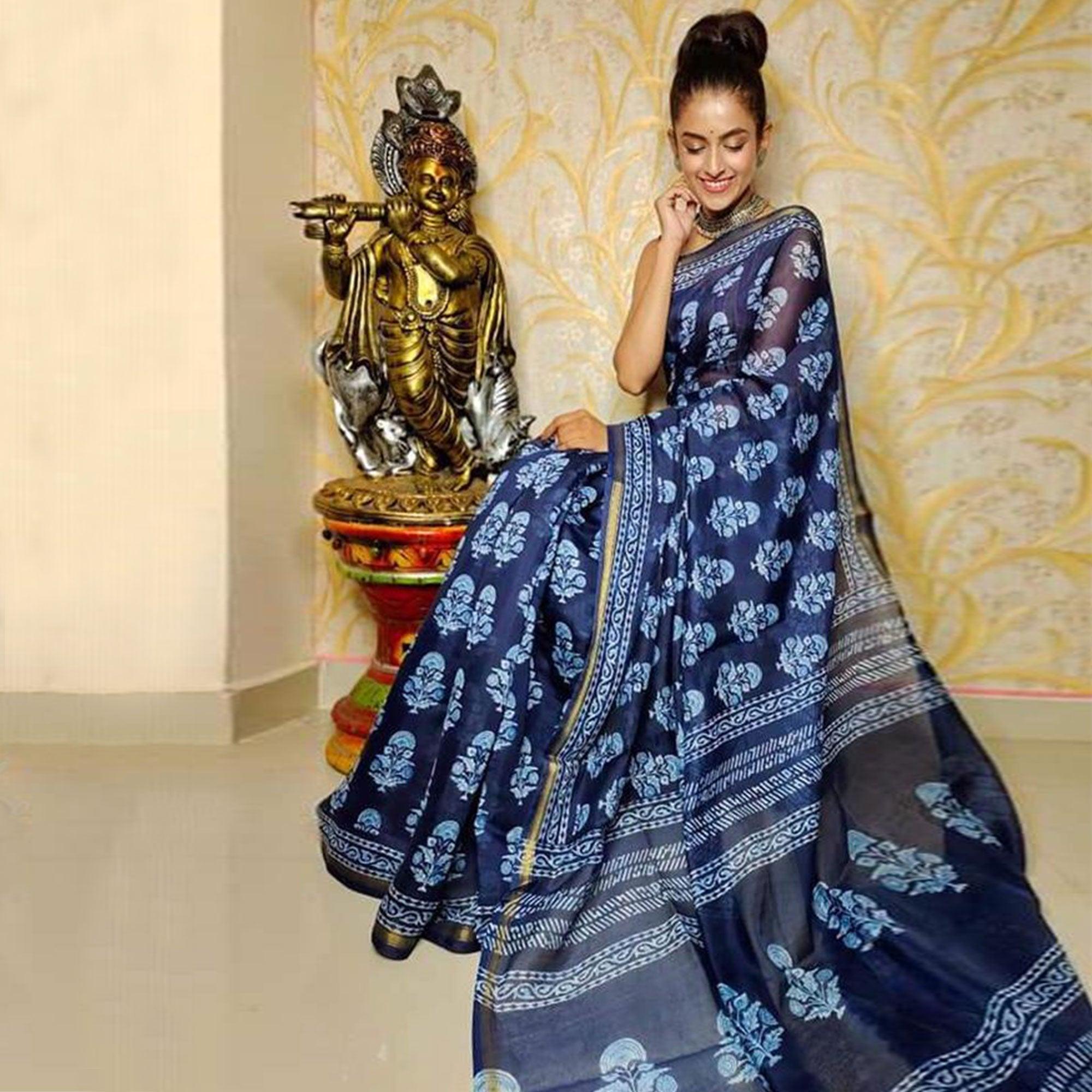 Blue Casual Wear Digital Printed Chanderi Silk Saree - Peachmode