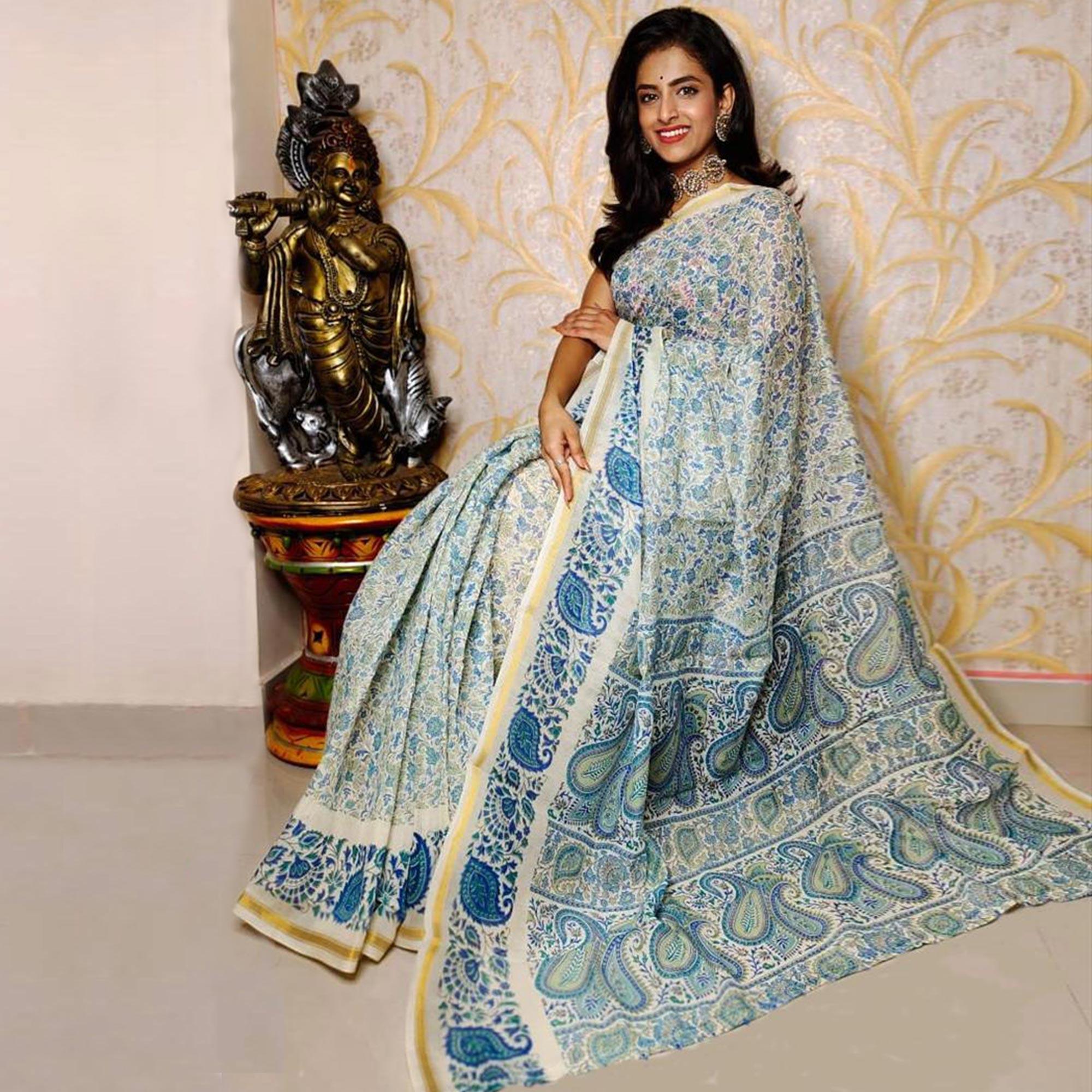 Blue Casual Wear Digital Printed Chanderi Silk Saree - Peachmode
