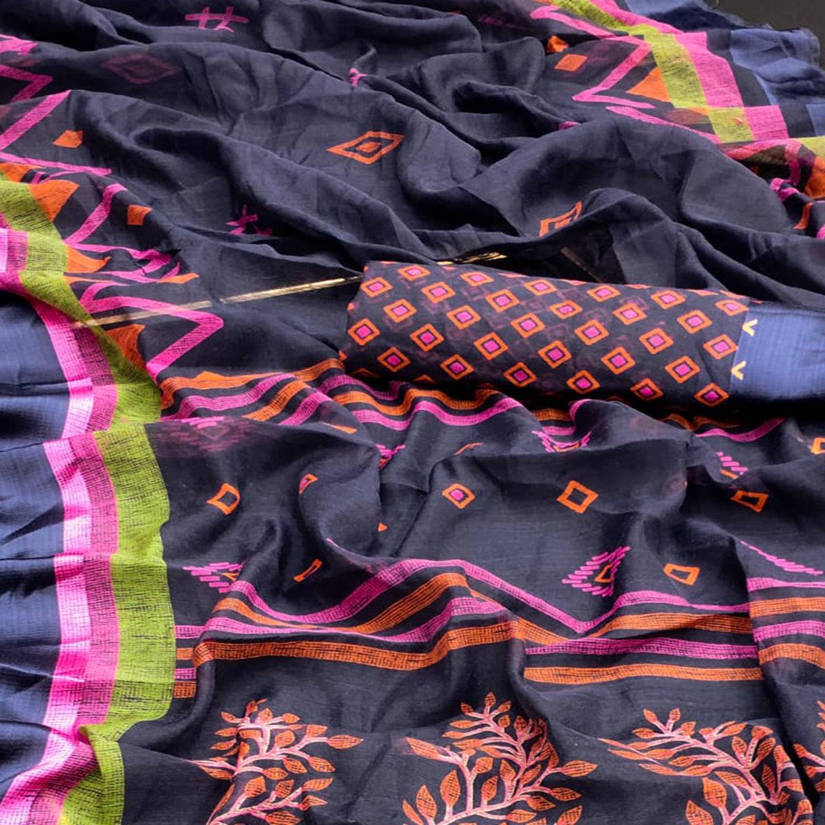 Blue Casual Wear Digital Printed Cotton Saree - Peachmode