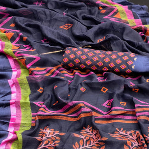 Blue Casual Wear Digital Printed Cotton Saree - Peachmode