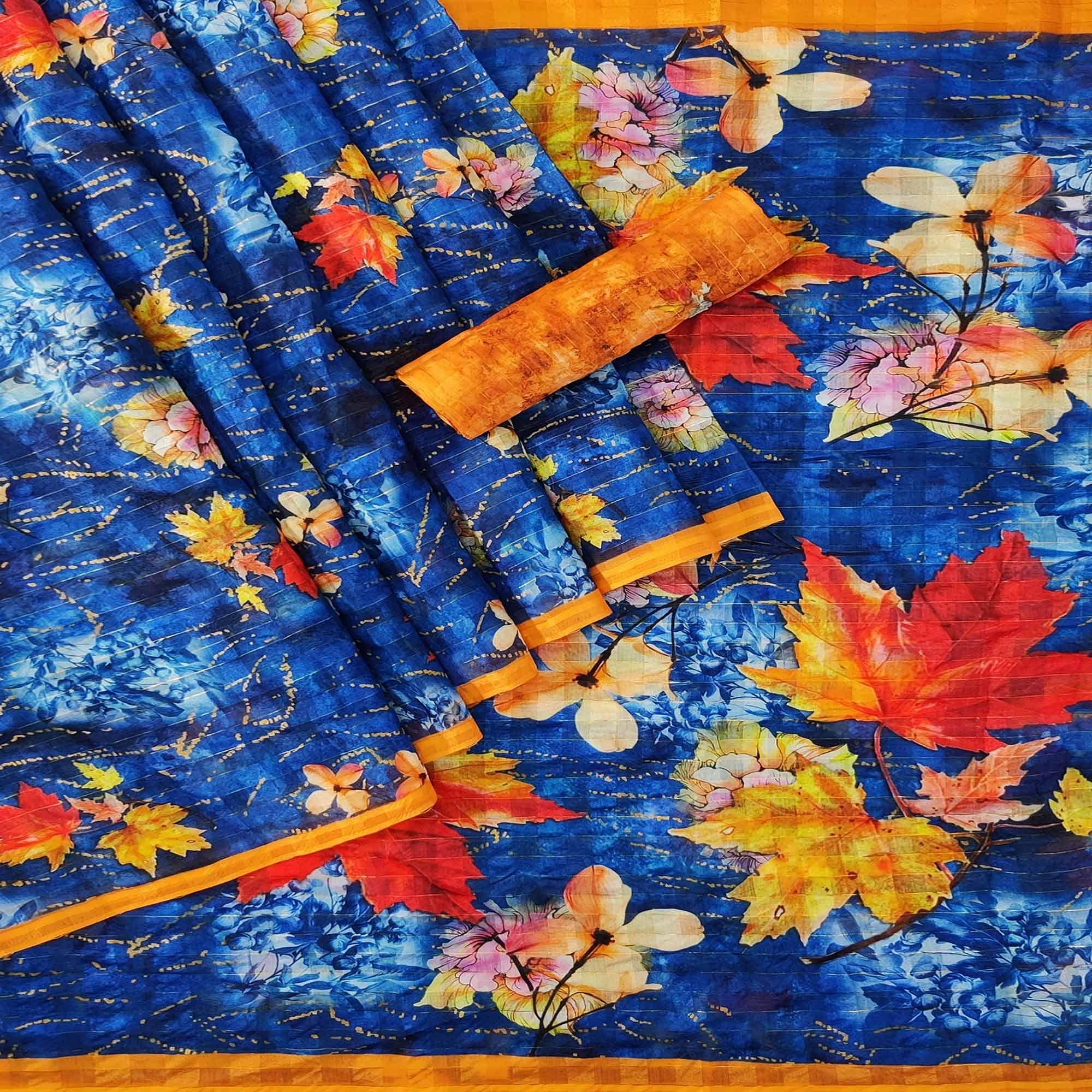 Blue Casual Wear Digital Printed Cotton Silk Saree - Peachmode