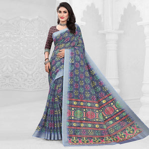 Blue Casual Wear Digital Printed Cotton Silk Saree - Peachmode
