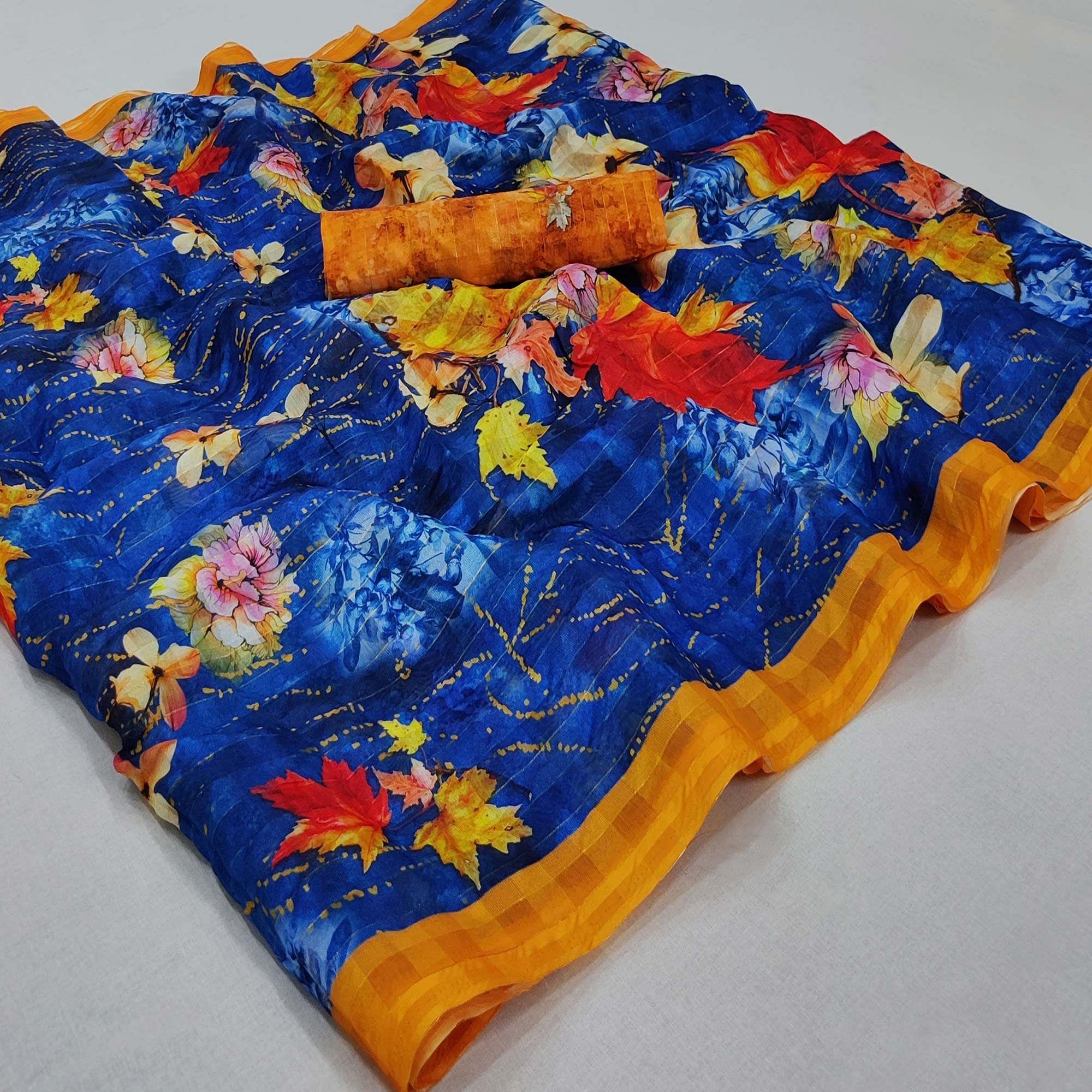 Blue Casual Wear Digital Printed Cotton Silk Saree - Peachmode