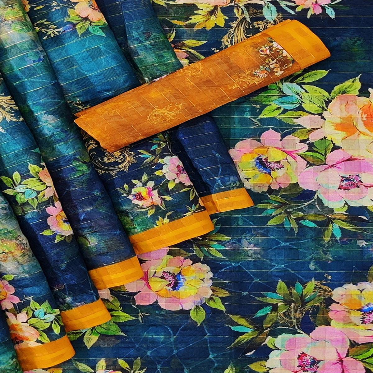 Blue Casual Wear Digital Printed Cotton Silk Saree - Peachmode