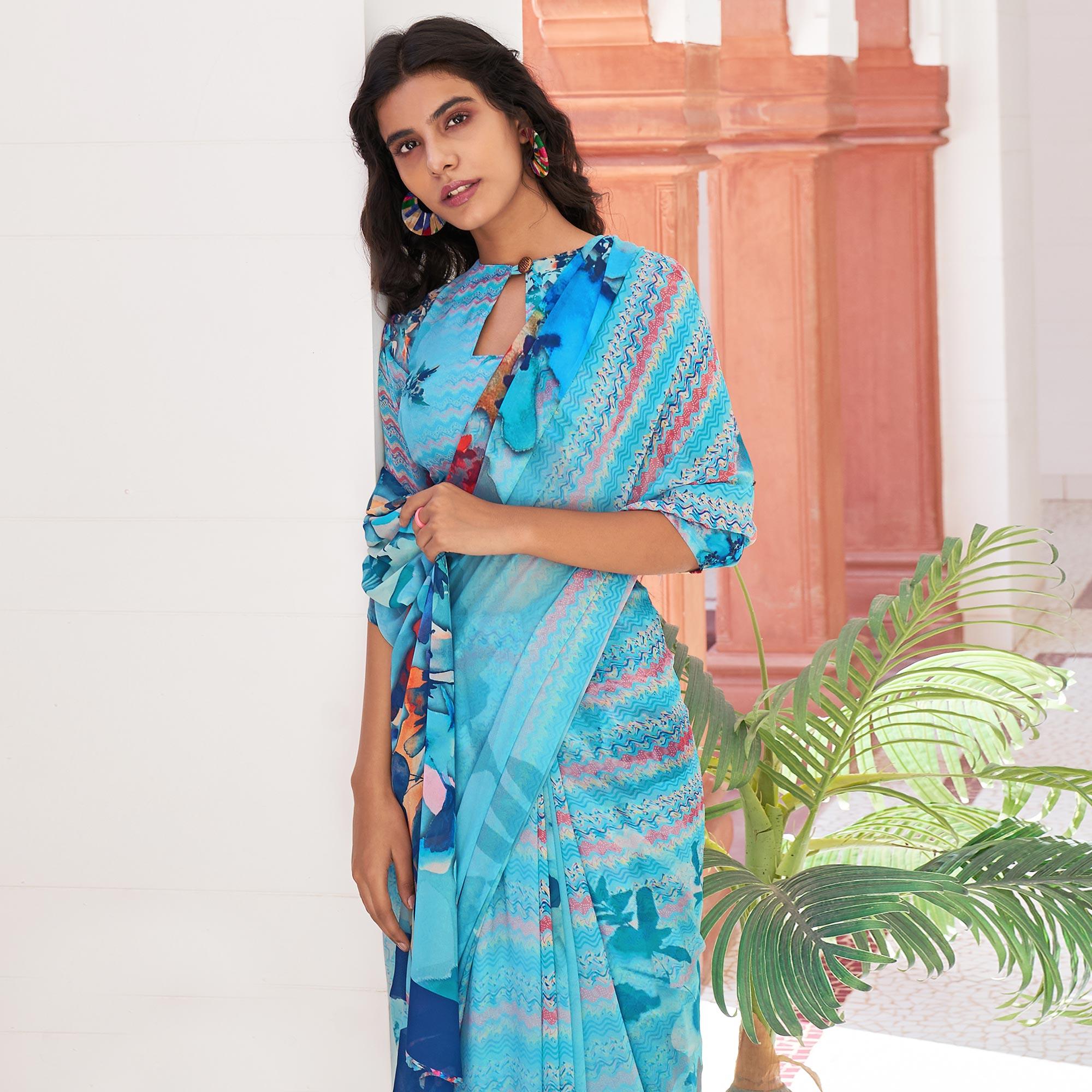 Blue Casual Wear Digital Printed Satin Georgette Saree - Peachmode