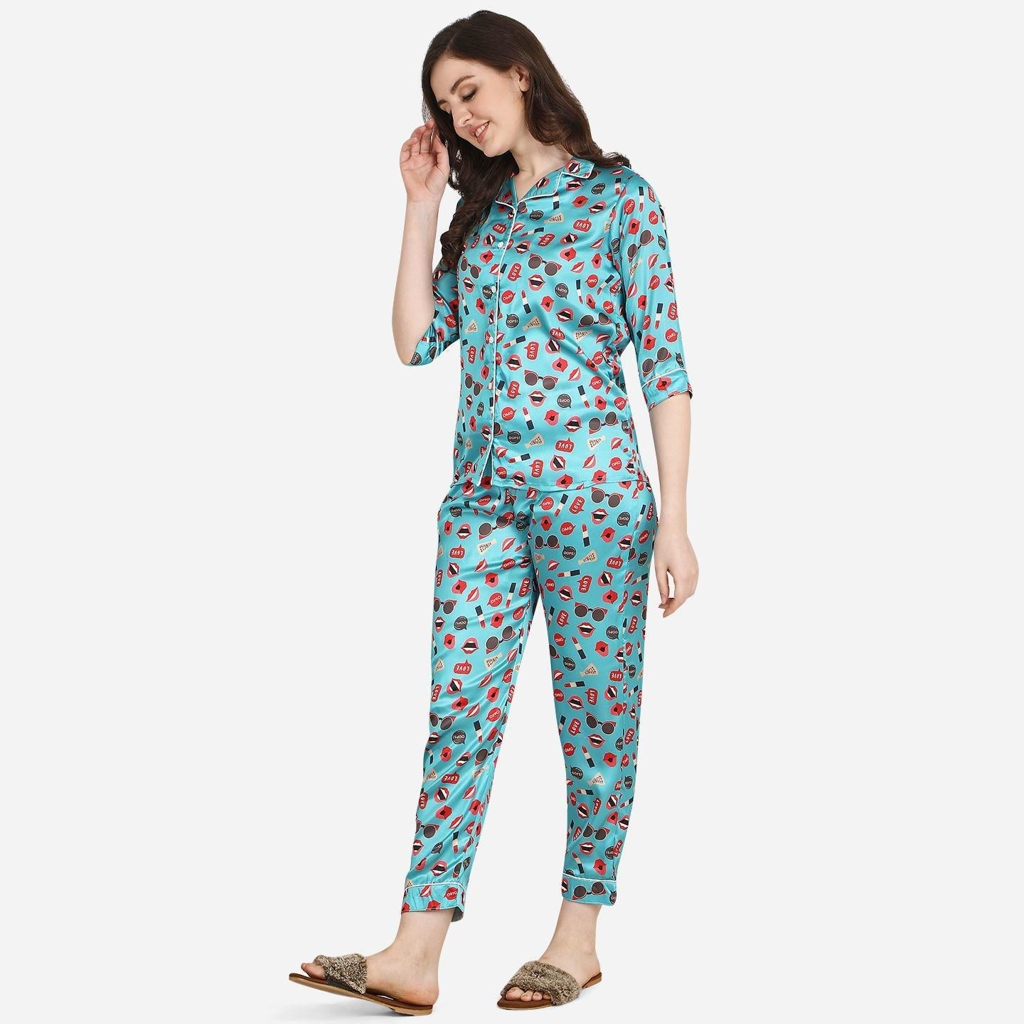 Blue Casual Wear Digital Printed Satin Night Suit - Peachmode