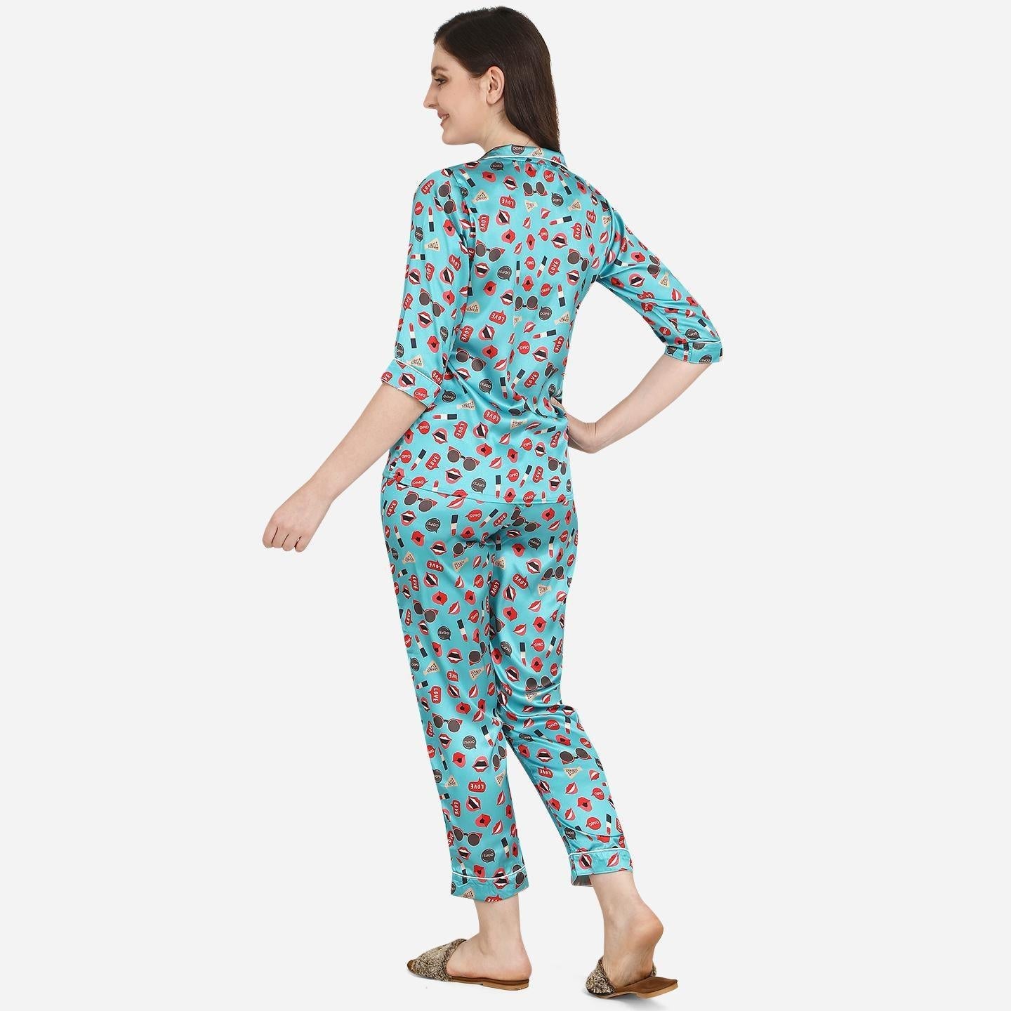 Blue Casual Wear Digital Printed Satin Night Suit - Peachmode