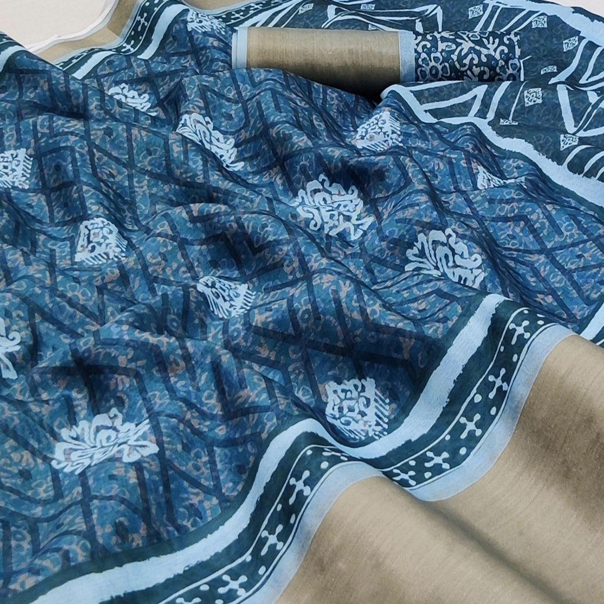 Blue Casual Wear Digital Printed Silk Saree With Zari Jacquard Border - Peachmode