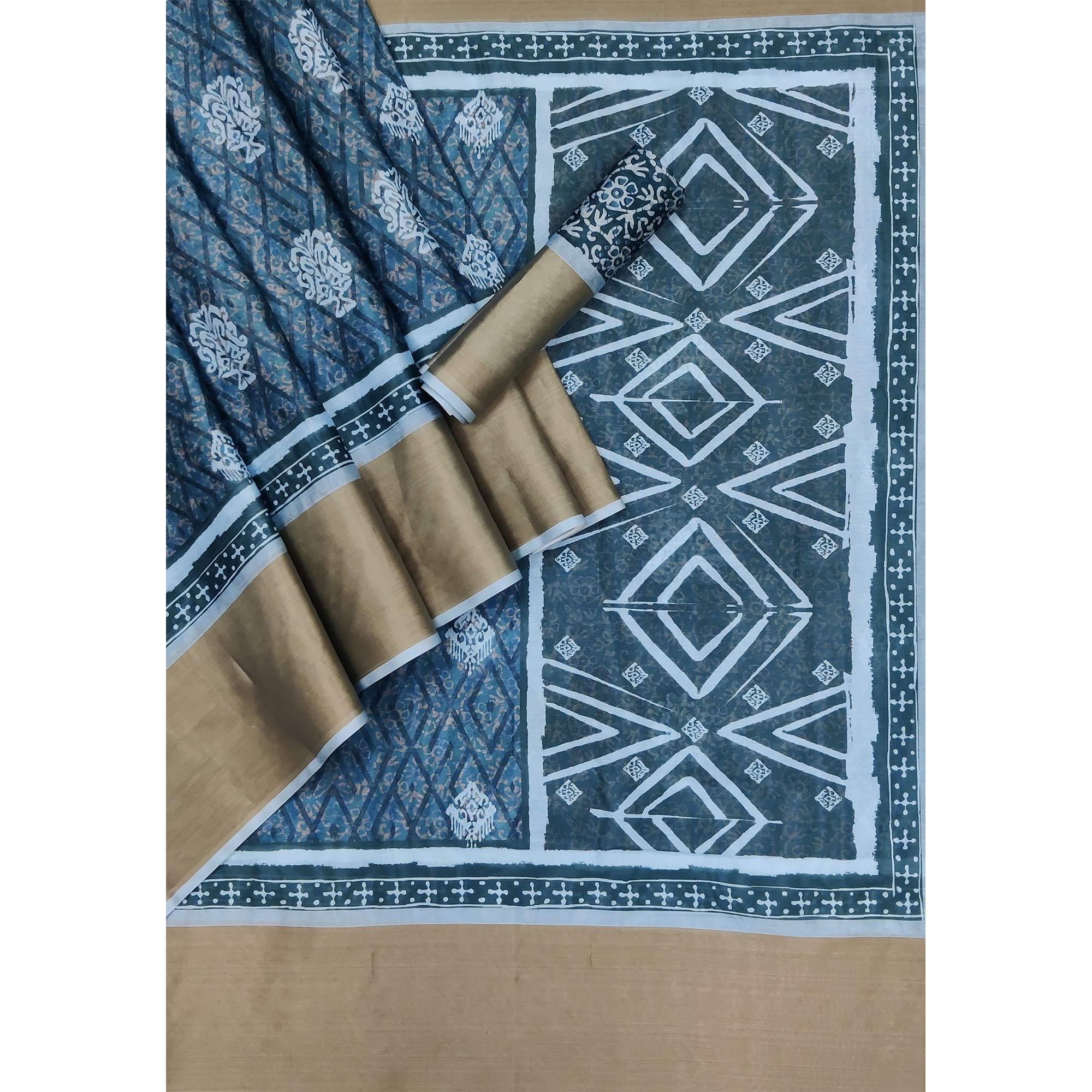 Blue Casual Wear Digital Printed Silk Saree With Zari Jacquard Border - Peachmode