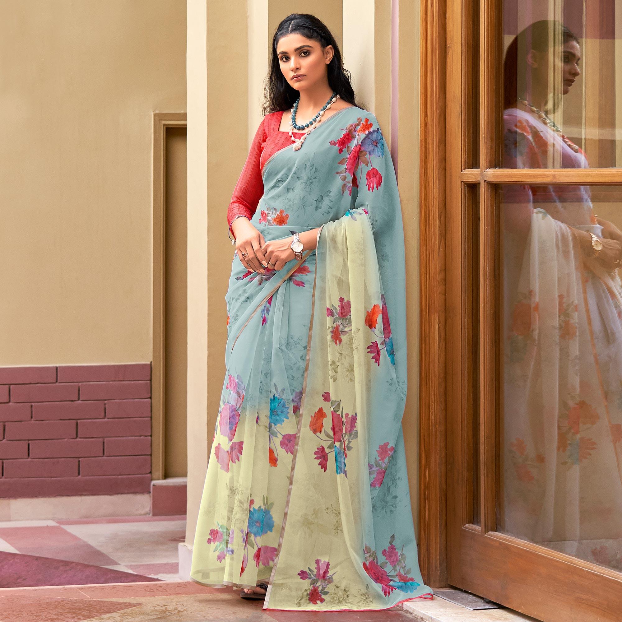 Blue Casual Wear Digital Printed Soft Organza Saree - Peachmode