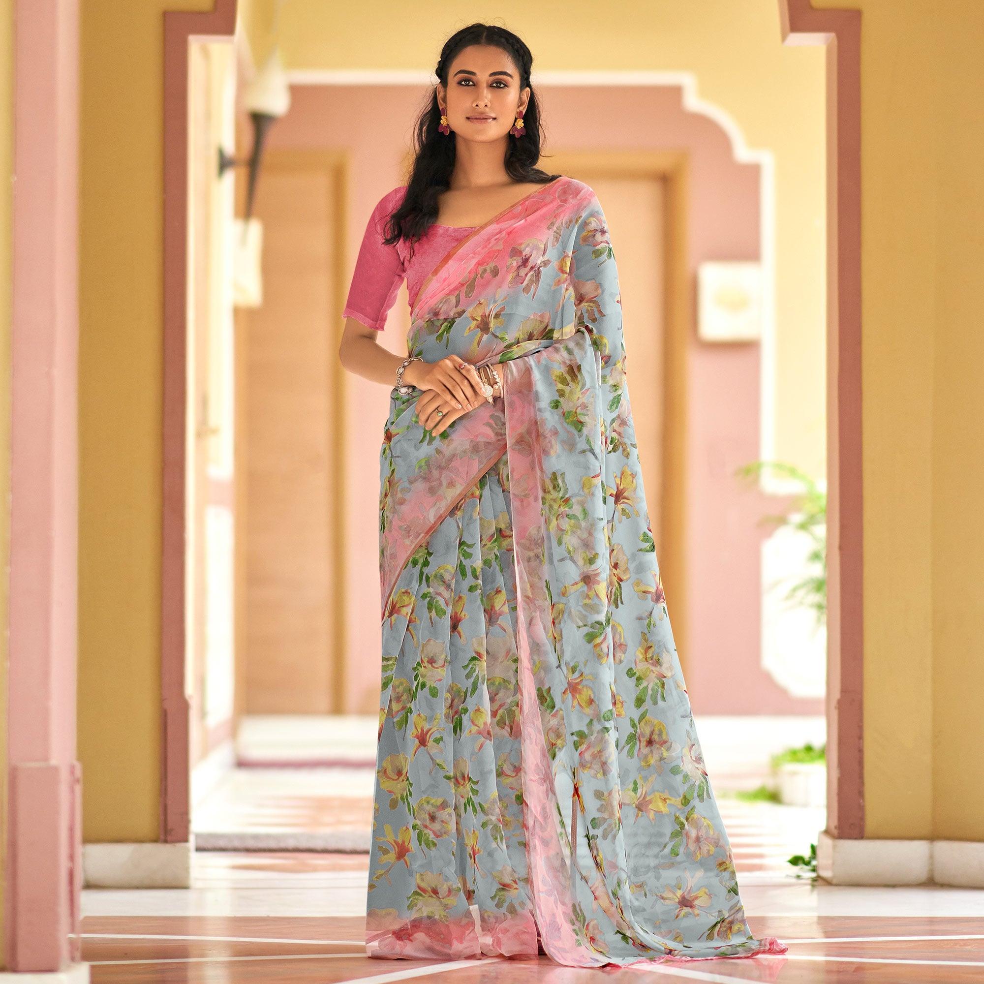 Blue Casual Wear Digital Printed Soft Organza Saree - Peachmode