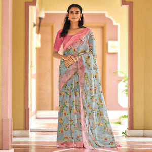 Blue Casual Wear Digital Printed Soft Organza Saree - Peachmode