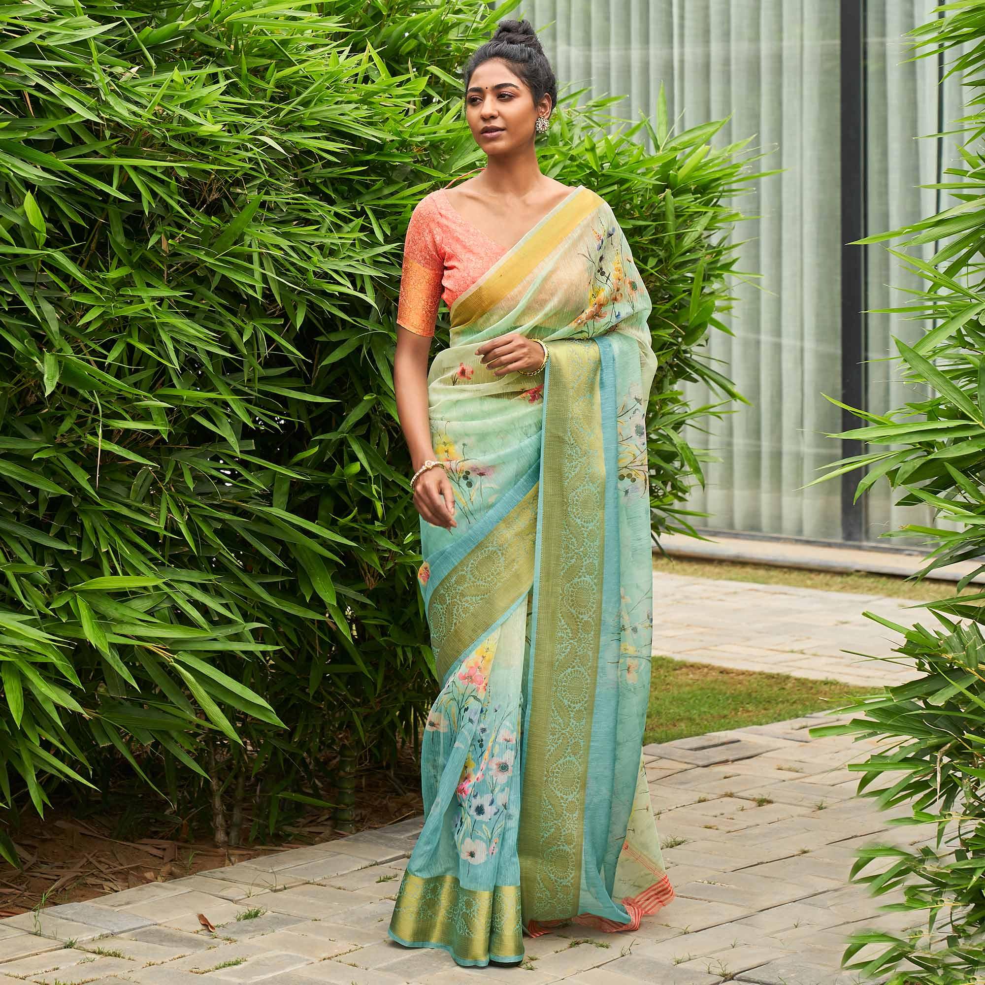 Blue Casual Wear Digital Printed Soft Organza Saree - Peachmode