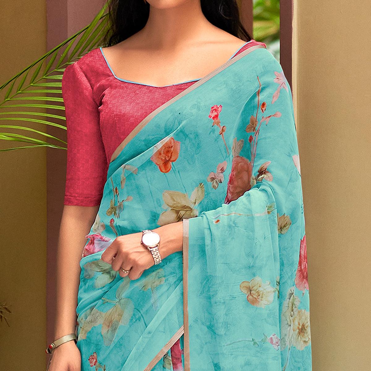 Blue Casual Wear Digital Printed Soft Organza Saree - Peachmode