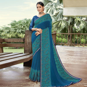 Blue Casual Wear Embroidered Chiffon Saree - Peachmode