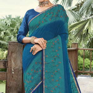Blue Casual Wear Embroidered Chiffon Saree - Peachmode