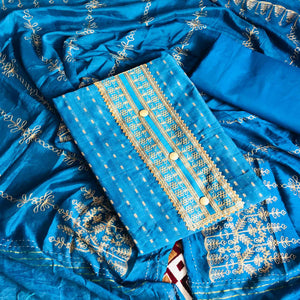 Blue Casual Wear Embroidered Cotton Dress Material - Peachmode