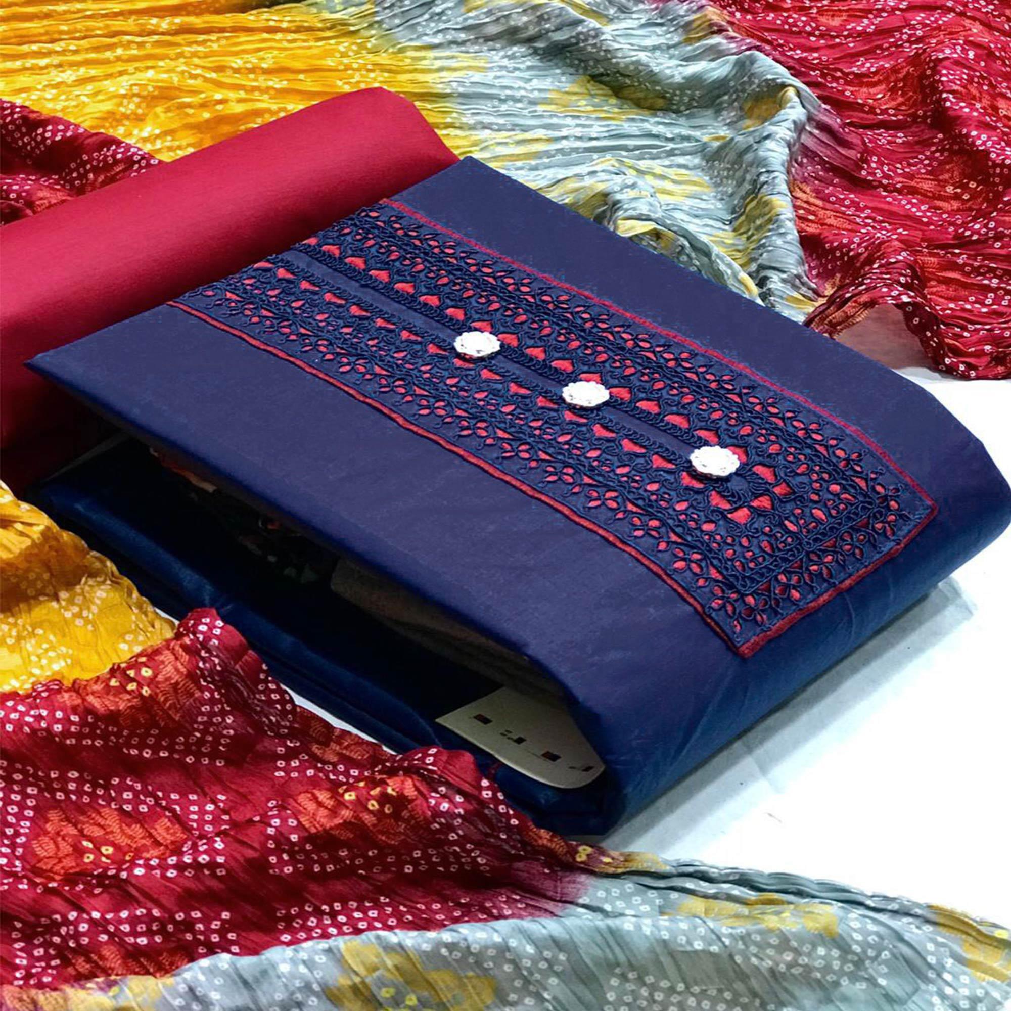 Blue Casual Wear Embroidered Cotton Dress Material - Peachmode