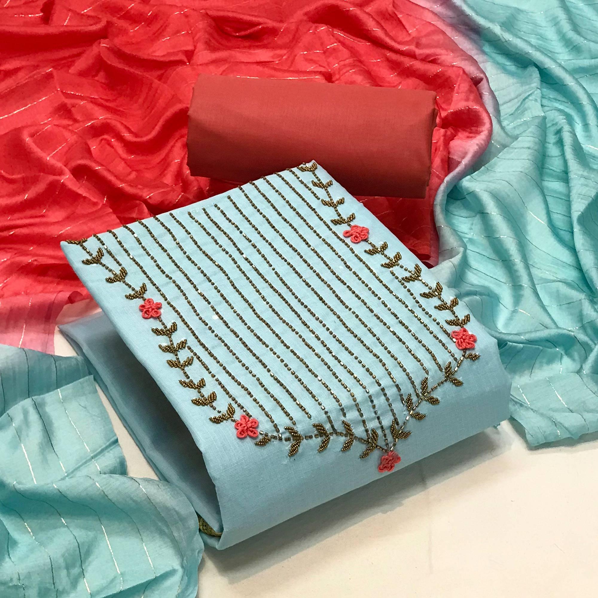 Blue Casual Wear Embroidered Cotton Dress Material - Peachmode