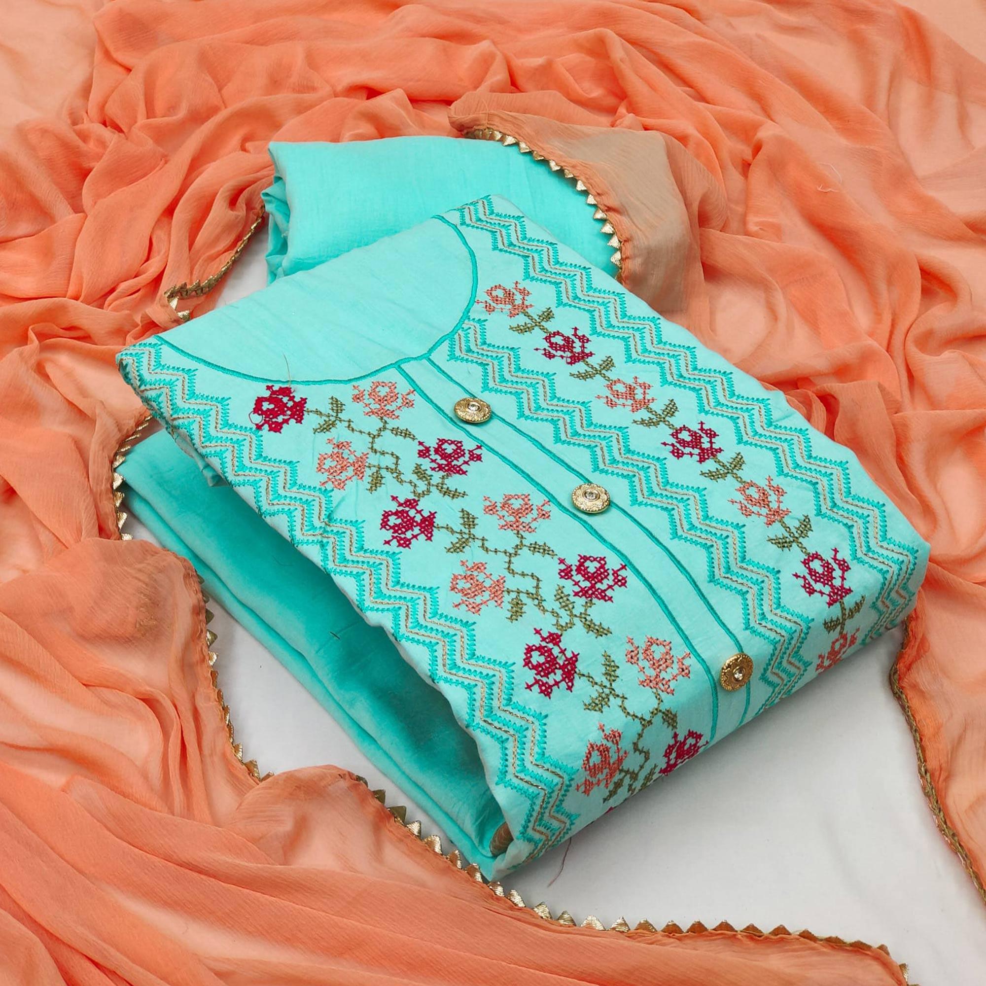 Blue Casual Wear Embroidered Cotton Dress Material - Peachmode