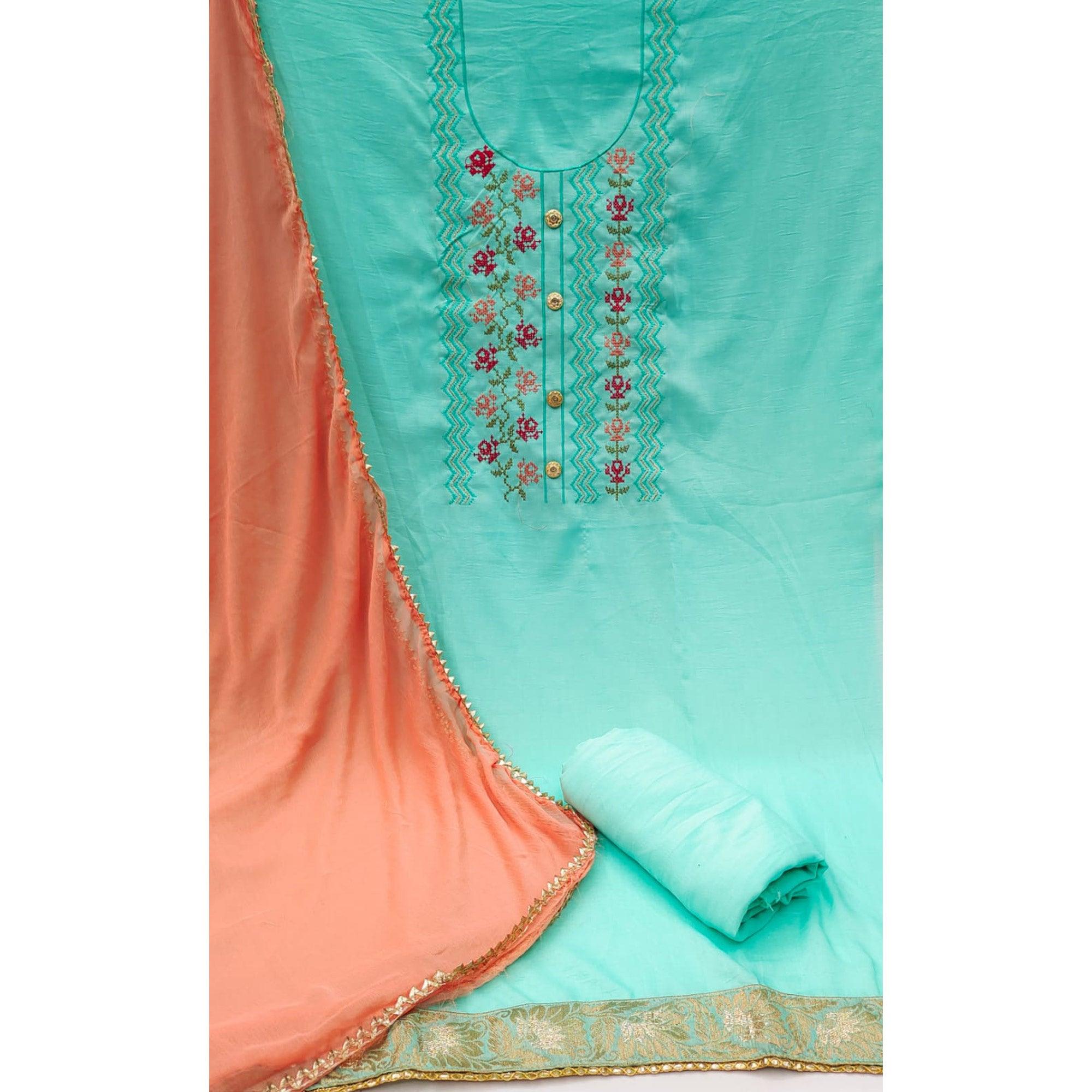 Blue Casual Wear Embroidered Cotton Dress Material - Peachmode