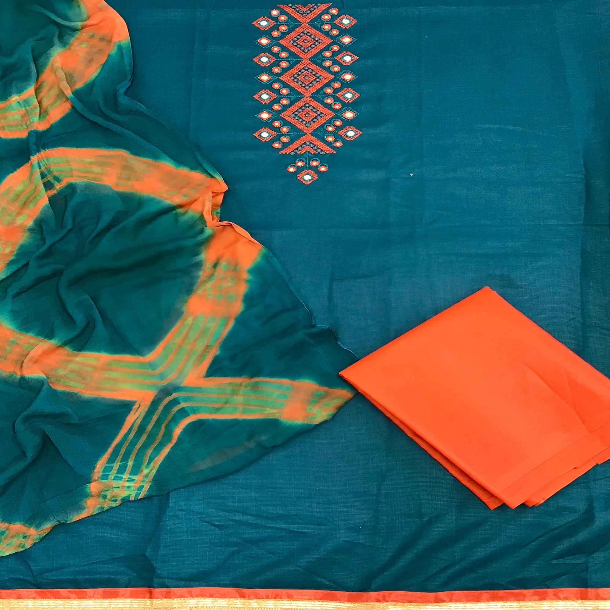 Blue Casual Wear Embroidered Cotton Dress Material - Peachmode