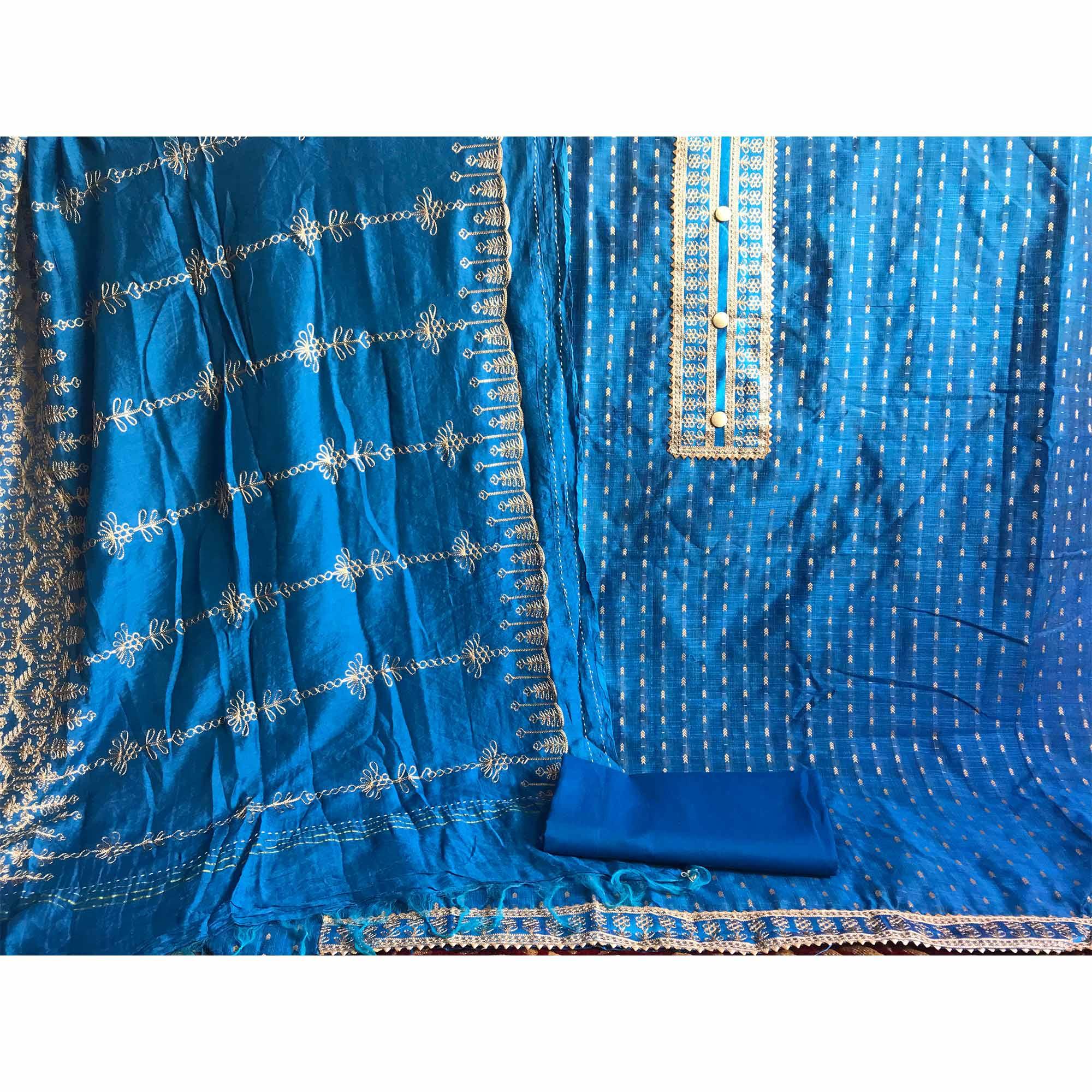 Blue Casual Wear Embroidered Cotton Dress Material - Peachmode