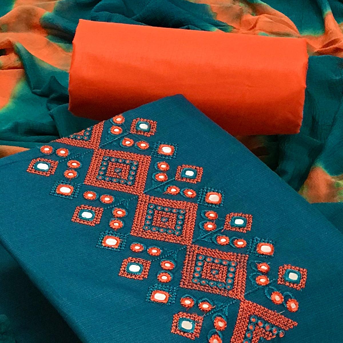 Blue Casual Wear Embroidered Cotton Dress Material - Peachmode