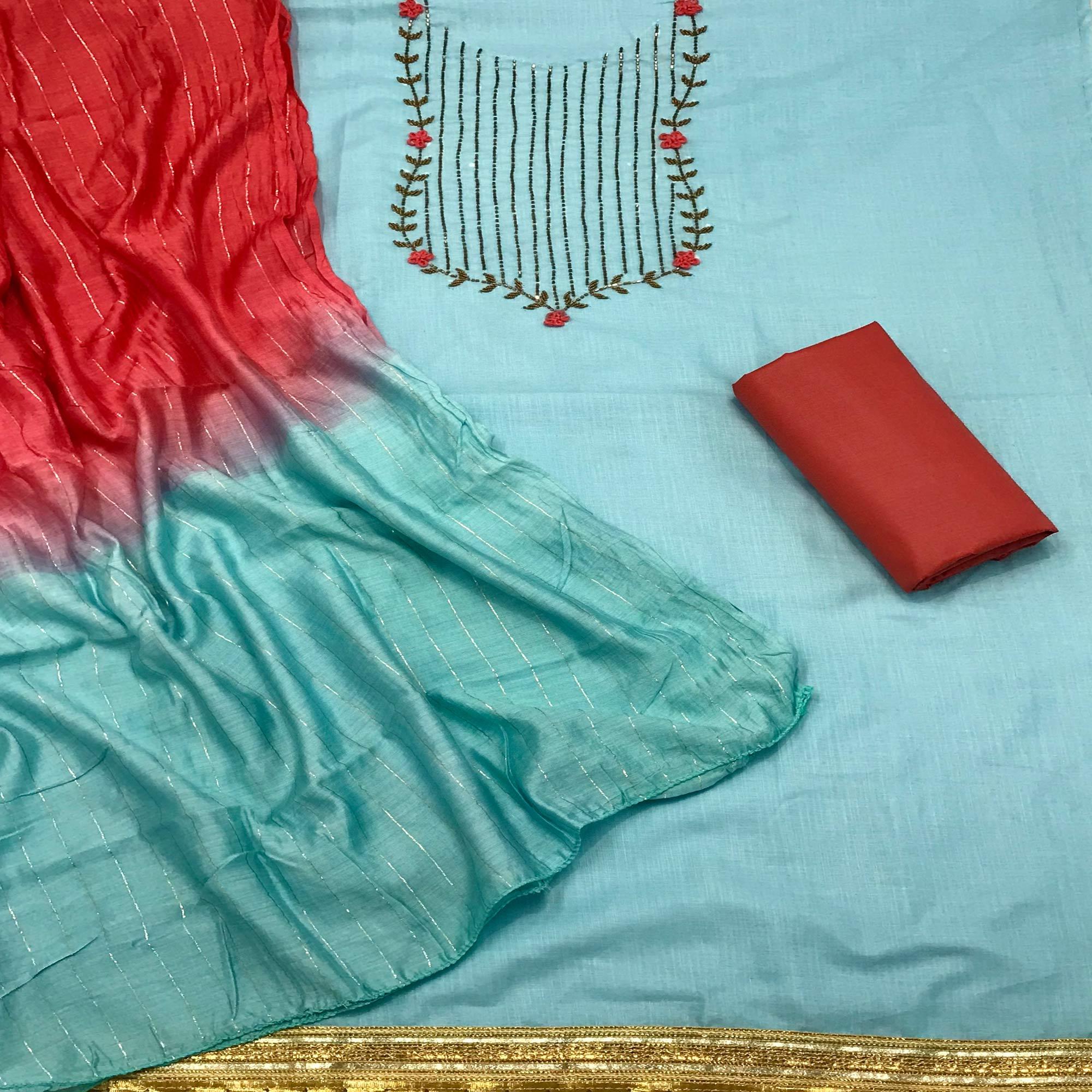 Blue Casual Wear Embroidered Cotton Dress Material - Peachmode