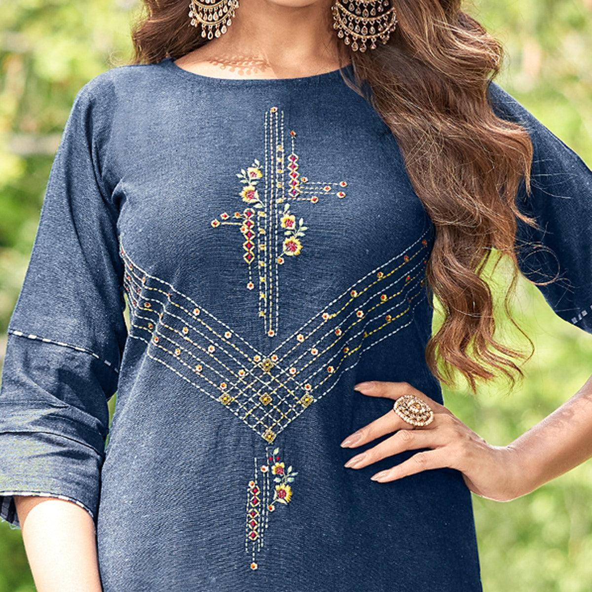 Blue Casual Wear Embroidered Cotton Kurti Pant Set - Peachmode