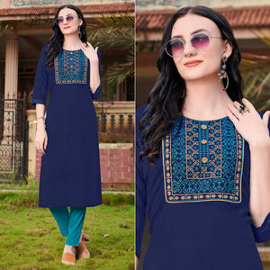 Blue Casual Wear Embroidered Cotton Kurti - Peachmode