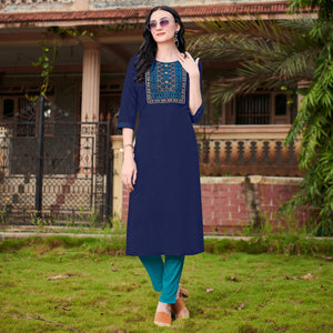 Blue Casual Wear Embroidered Cotton Kurti - Peachmode