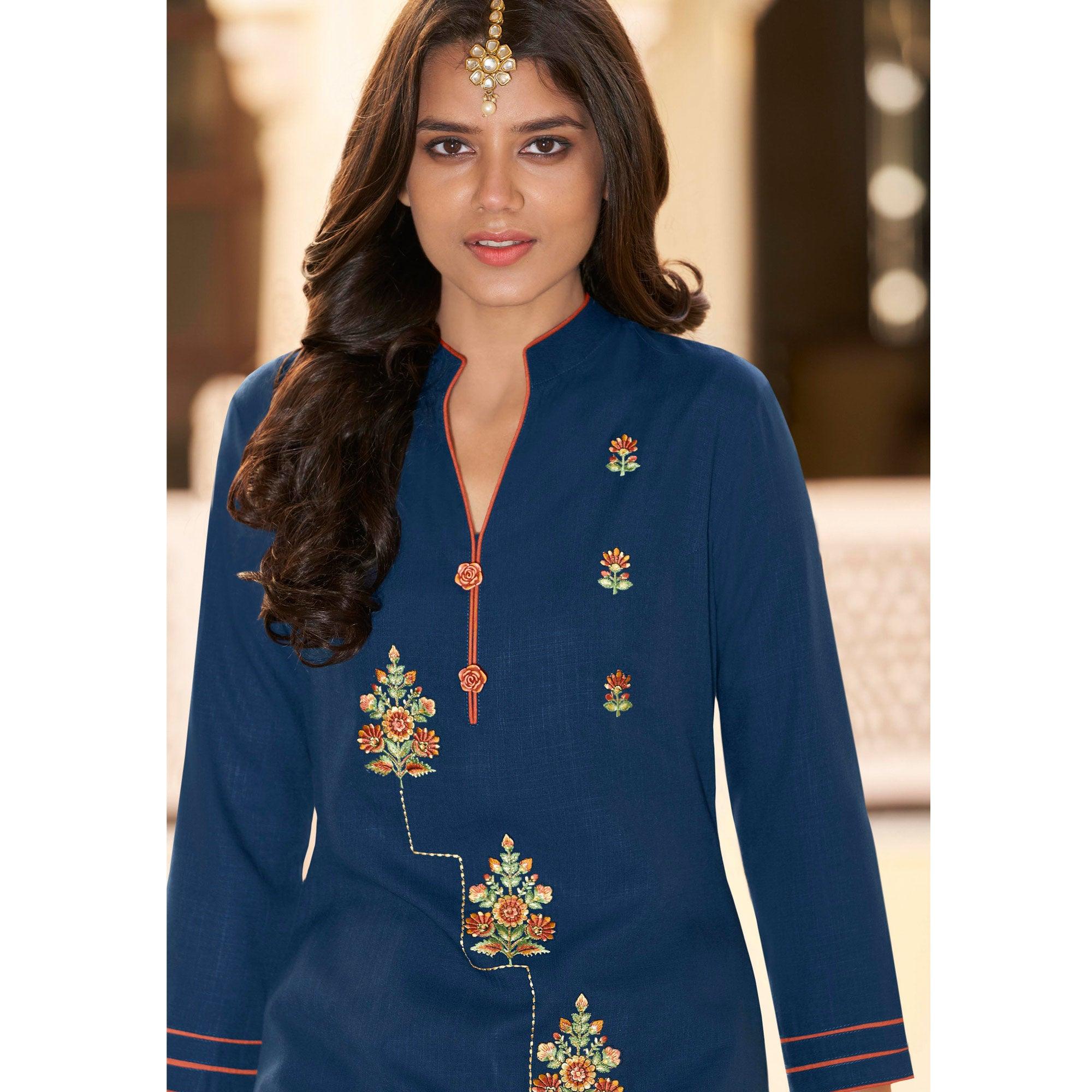 Blue Casual Wear Embroidered Heavy Rayon Kurti - Palazzo Set - Peachmode