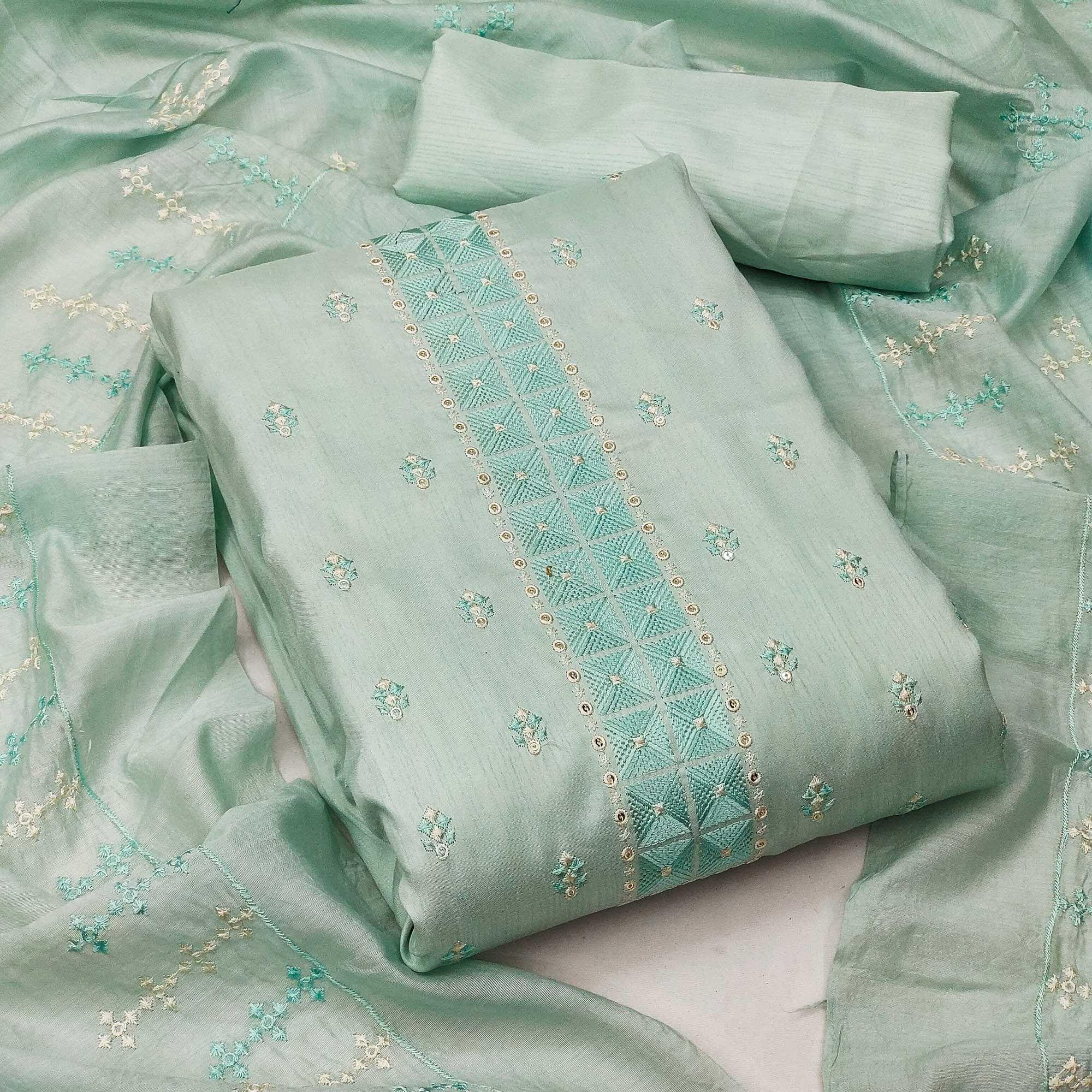 Blue Casual Wear Embroidered Jelly Silk Dress Material - Peachmode