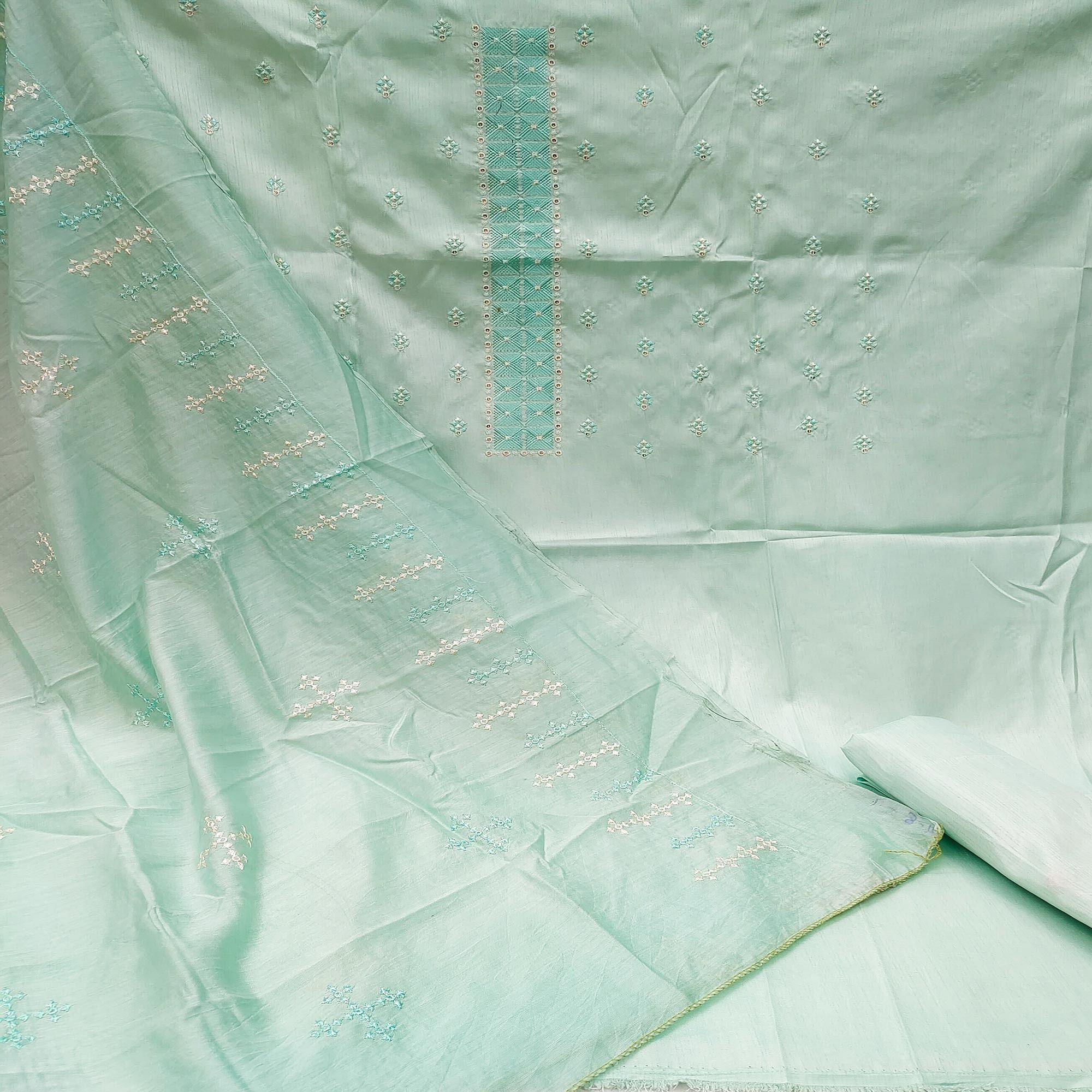 Blue Casual Wear Embroidered Jelly Silk Dress Material - Peachmode