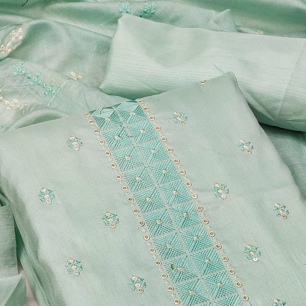 Blue Casual Wear Embroidered Jelly Silk Dress Material - Peachmode