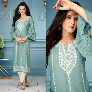 Blue Casual Wear Embroidered Rayon Kurti - Peachmode