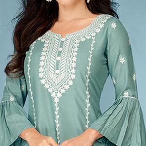 Blue Casual Wear Embroidered Rayon Kurti - Peachmode