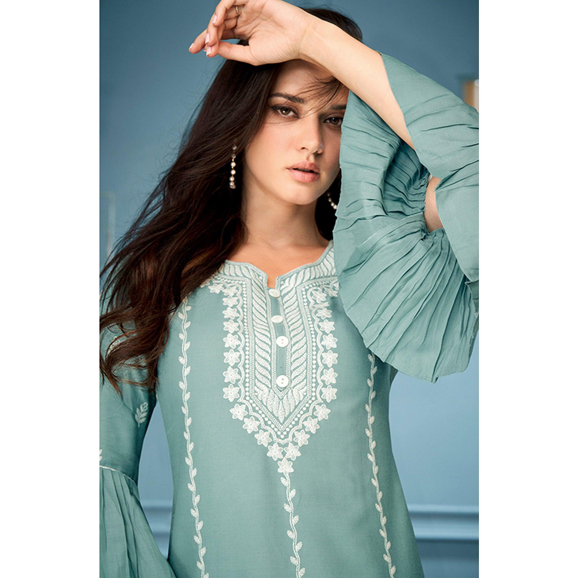 Blue Casual Wear Embroidered Rayon Kurti - Peachmode