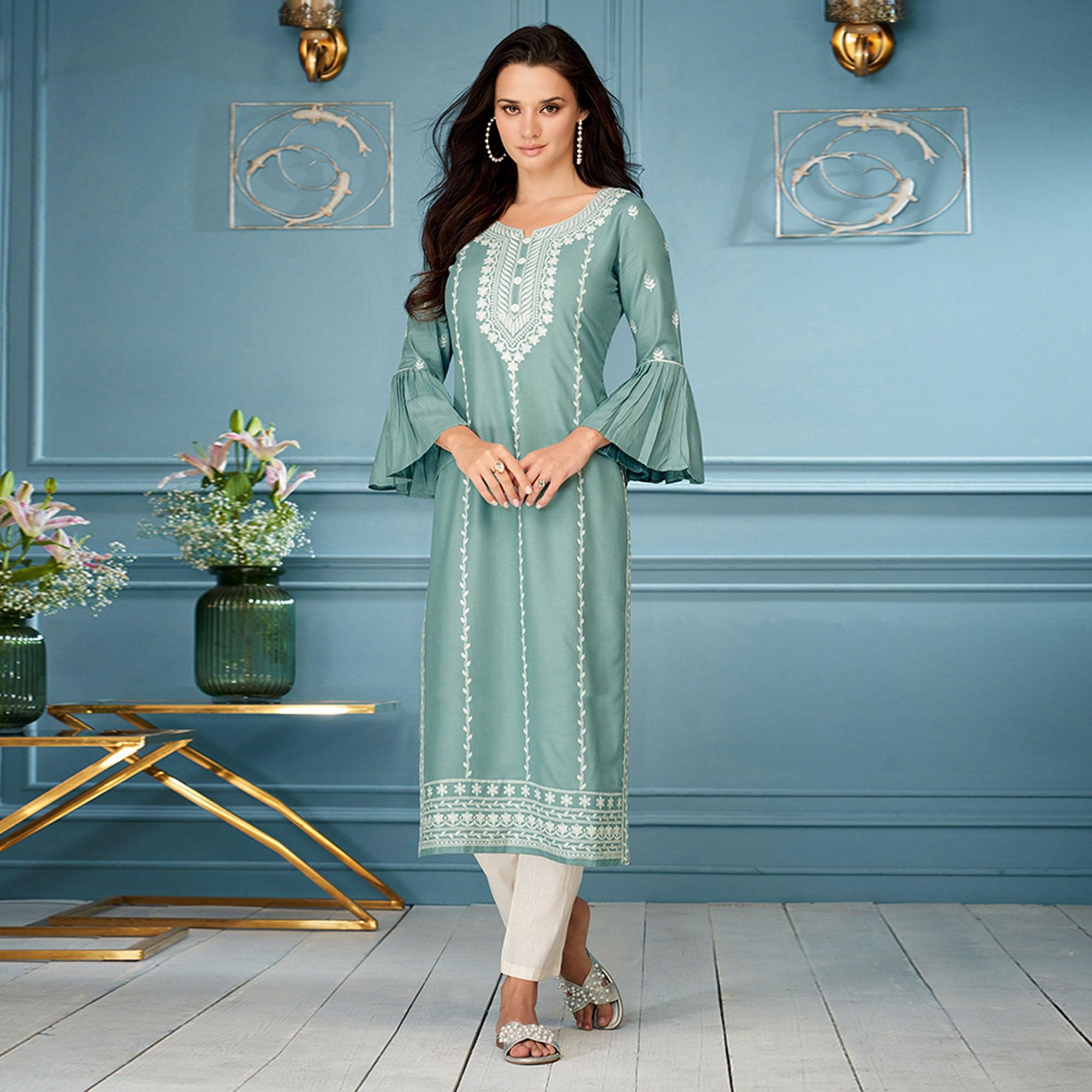 Blue Casual Wear Embroidered Rayon Kurti - Peachmode