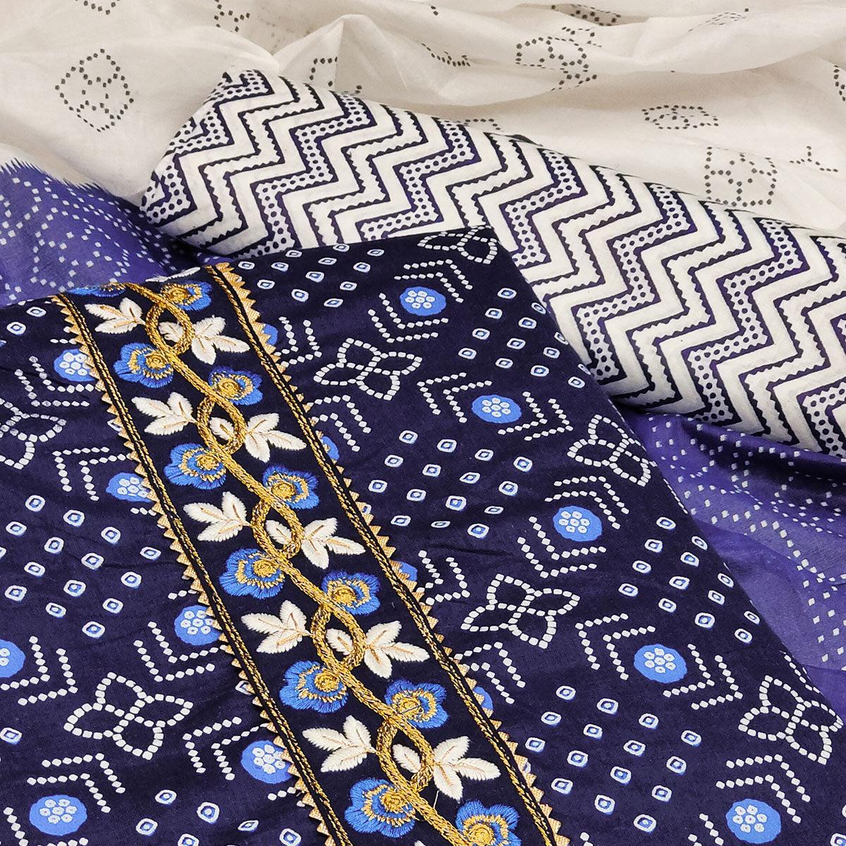 Blue Casual Wear Embroidery With Print Cotton Dress Material - Peachmode