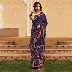 Blue Casual Wear Fancy Printed Linen Saree - Peachmode