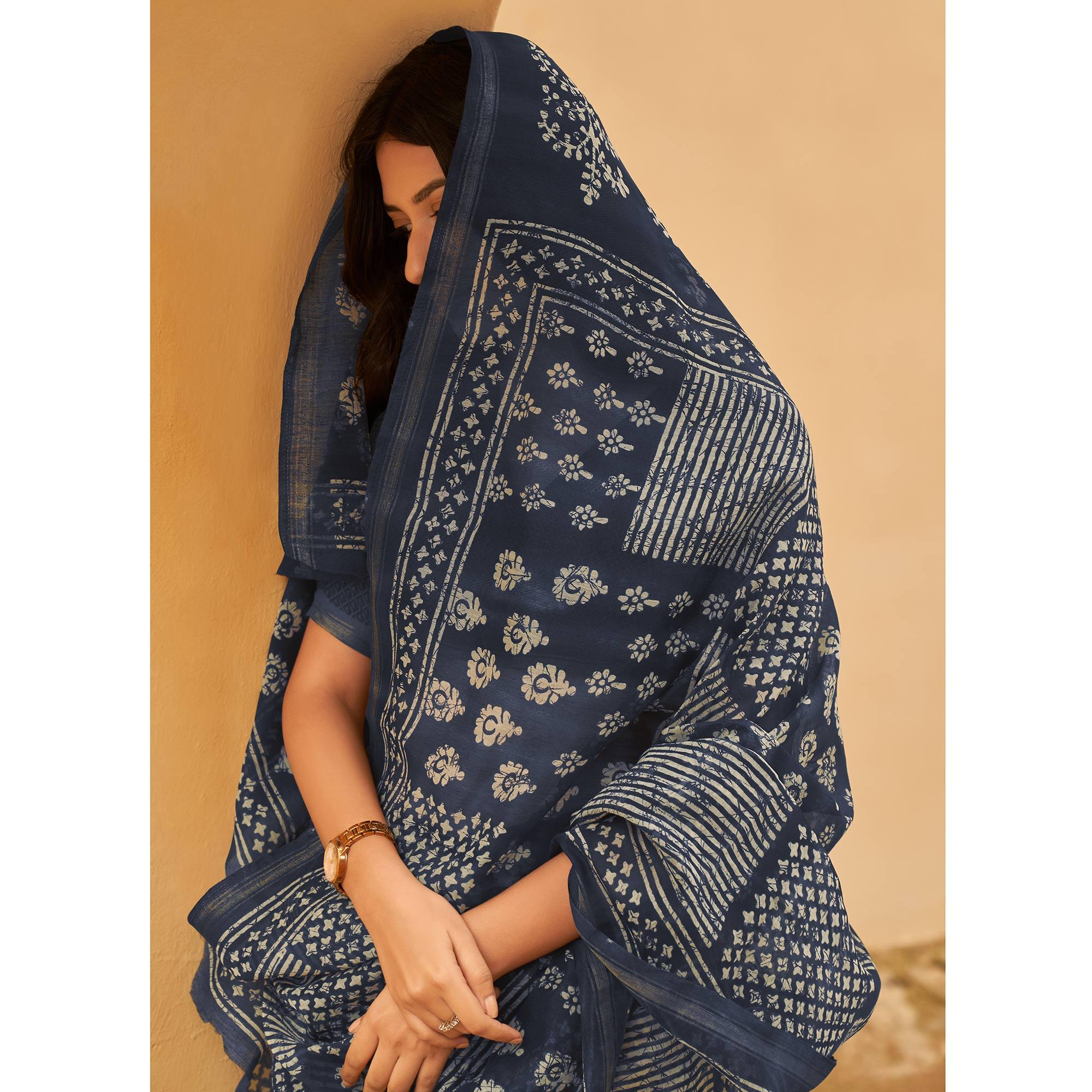 Blue Casual Wear Fancy Printed Linen Saree - Peachmode