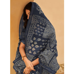 Blue Casual Wear Fancy Printed Linen Saree - Peachmode