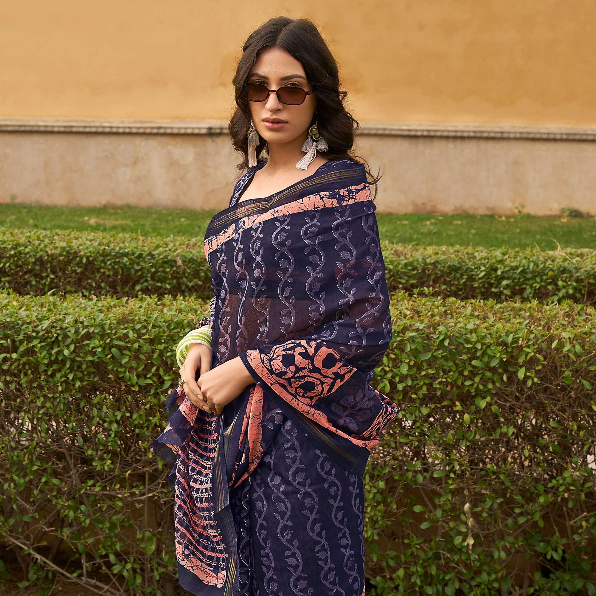 Blue Casual Wear Fancy Printed Linen Saree - Peachmode