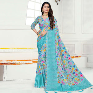Blue Casual Wear Floral Digital Printed Chiffon Saree - Peachmode