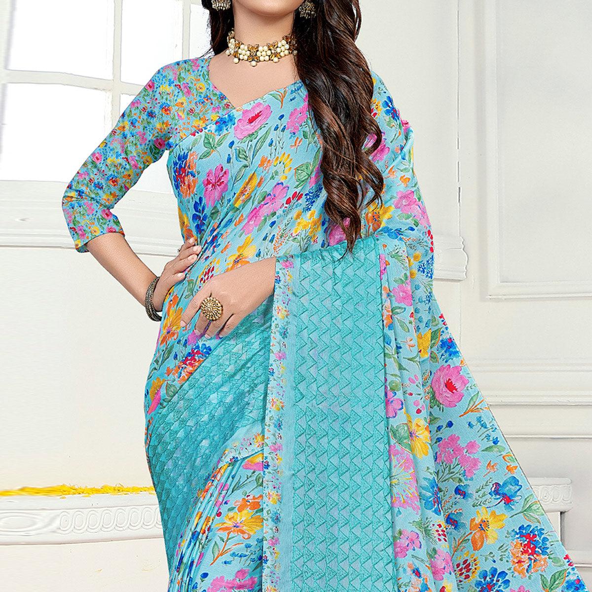 Blue Casual Wear Floral Digital Printed Chiffon Saree - Peachmode